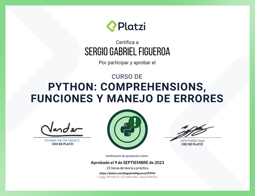Diploma del Curso de Python: Comprehensions, Funciones y Manejo de Errores