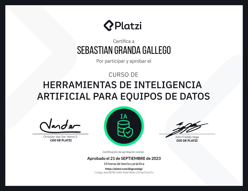Diploma del Curso de Herramientas de Inteligencia Artificial para Equipos de Datos