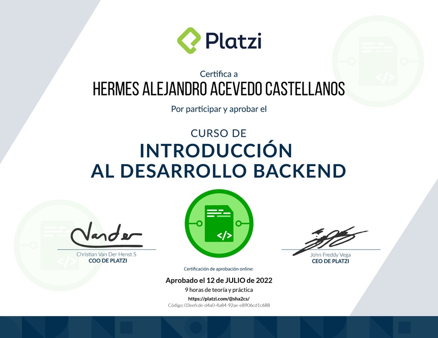 Diploma del Curso de Introducción al Desarrollo Backend
