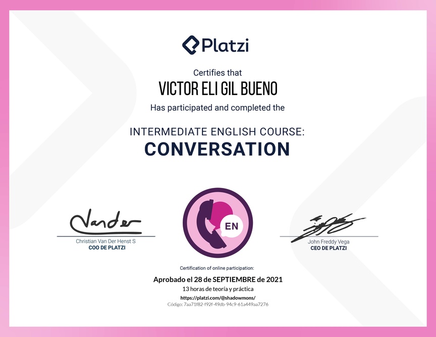 Diploma del Curso de Inglés Intermedio: Conversación 2020