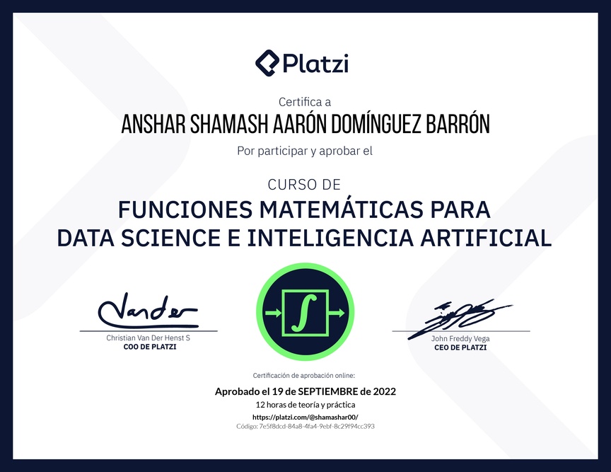 Diploma del Curso de Funciones Matemáticas para Data Science e Inteligencia Artificial