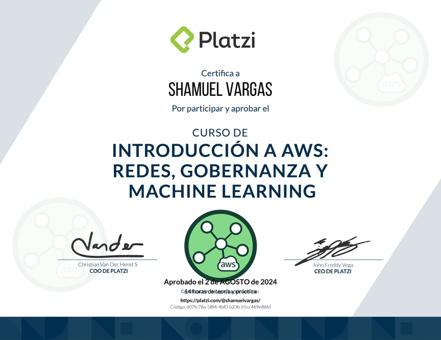 Diploma del Curso de Introducción a AWS: Redes, Gobernanza y Machine Learning