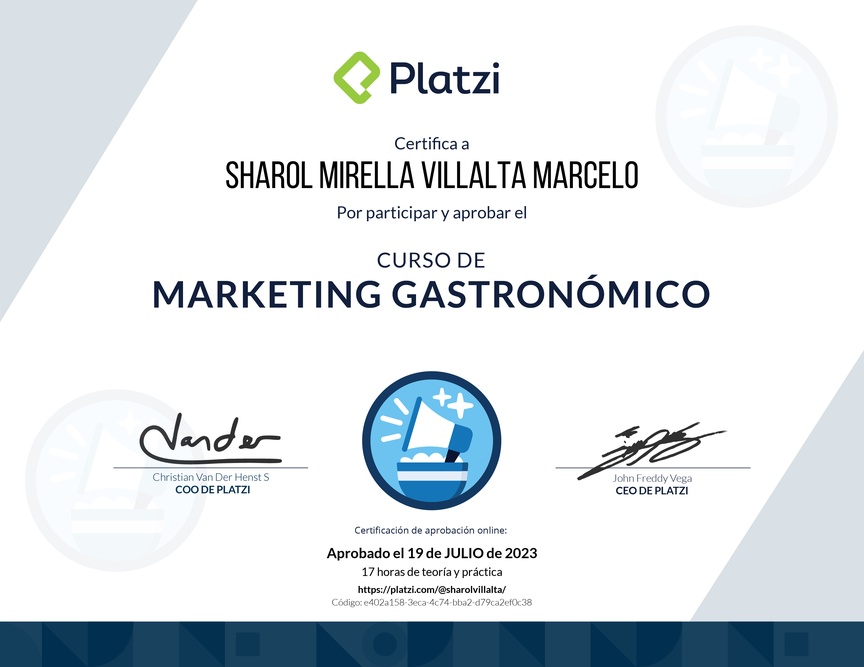 Diploma del Curso de Marketing Digital para Proyectos Gastronómicos