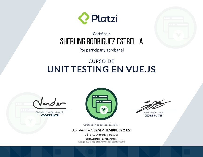 Diploma del Curso de Unit Testing en Vue.js 3