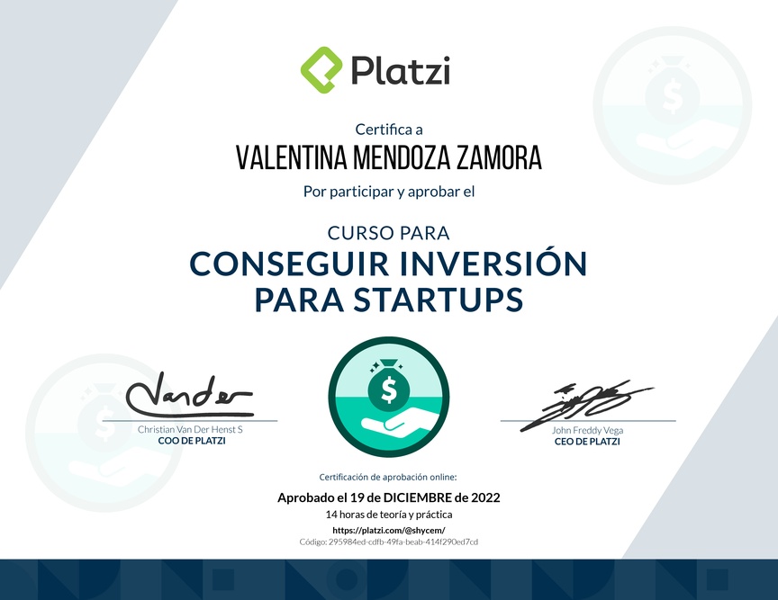 Diploma del Curso para Conseguir Inversión para Startups en Etapa Temprana