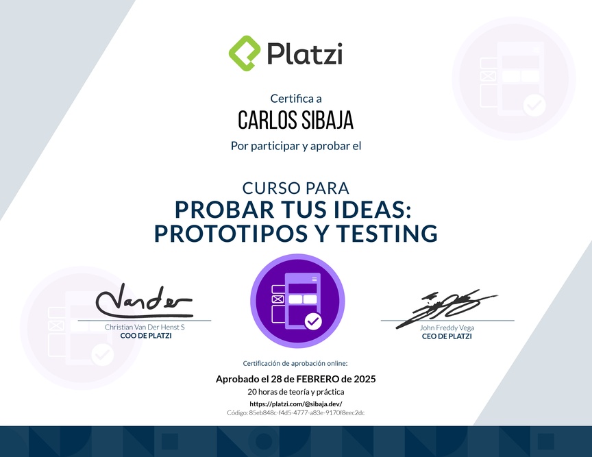 Diploma del Curso de validación de Ideas: Prototipos y Testing Exitosos