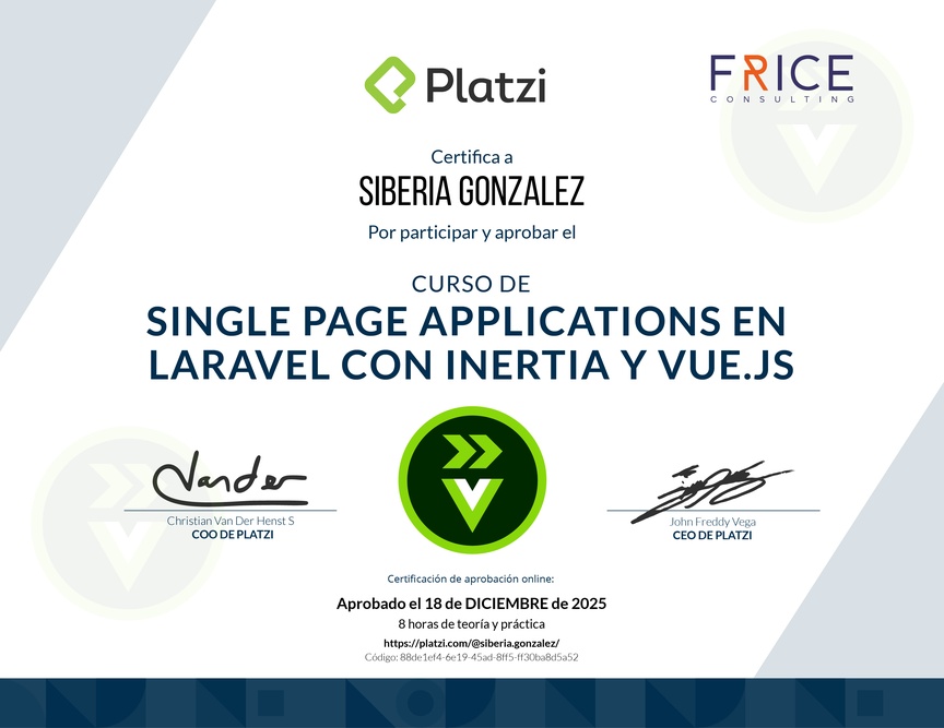 Diploma del Curso de Single Page Applications en Laravel con Inertia y Vue.js