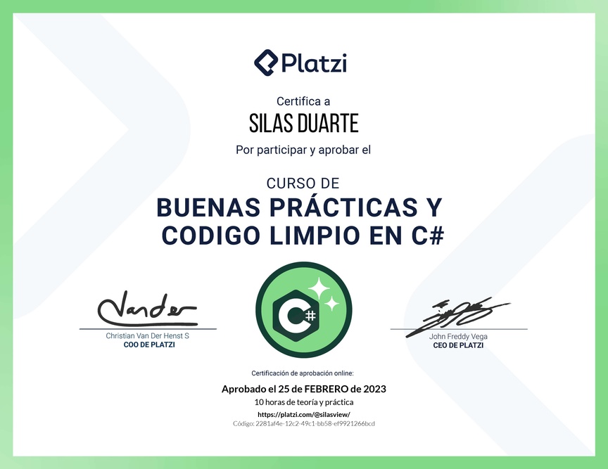 Diploma del Curso de Buenas Prácticas y Código Limpio en C#