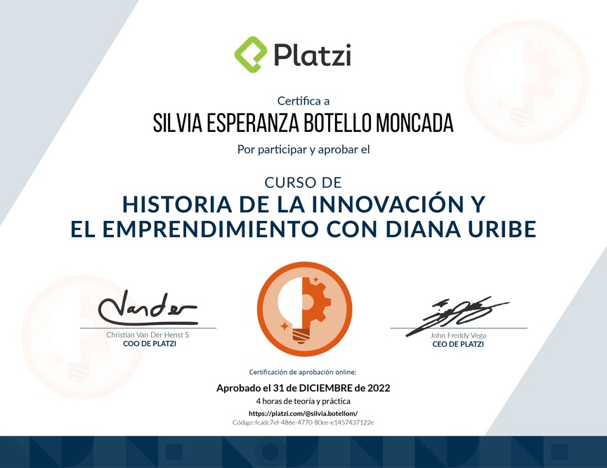 Diploma del Curso de Historia de la Innovación y el Emprendimiento con Diana Uribe