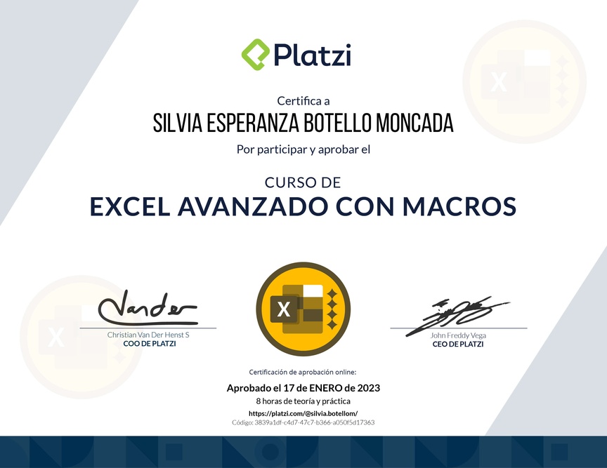 Diploma del Curso de Excel Avanzado con Macros