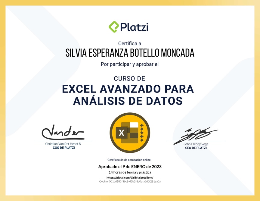 Diploma del Curso de Excel Avanzado para Análisis de Datos