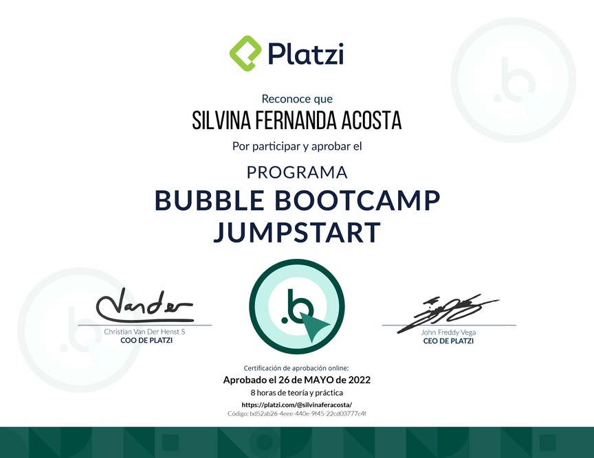 Diploma de Bubble x Platzi Jumpstart Bootcamp