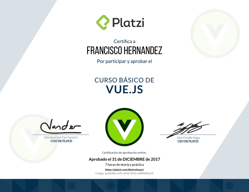 Diploma del Curso Básico de Vue.js 2016
