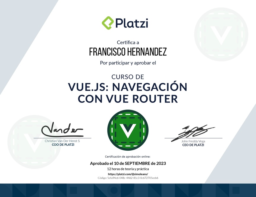 Diploma del Curso de Vue.js: Navegación con Vue Router