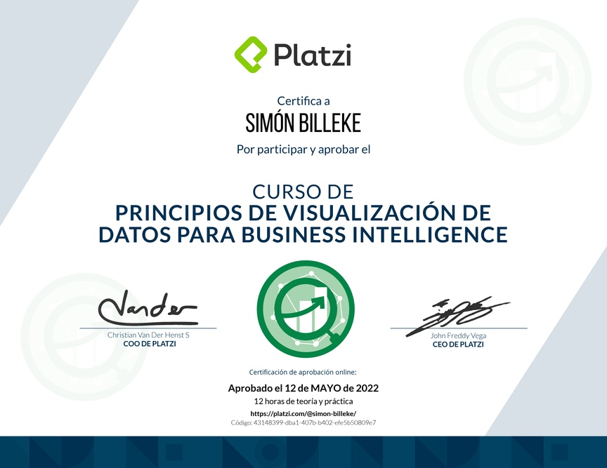 Diploma del Curso de Principios de Visualización de Datos para Business Intelligence (2021)