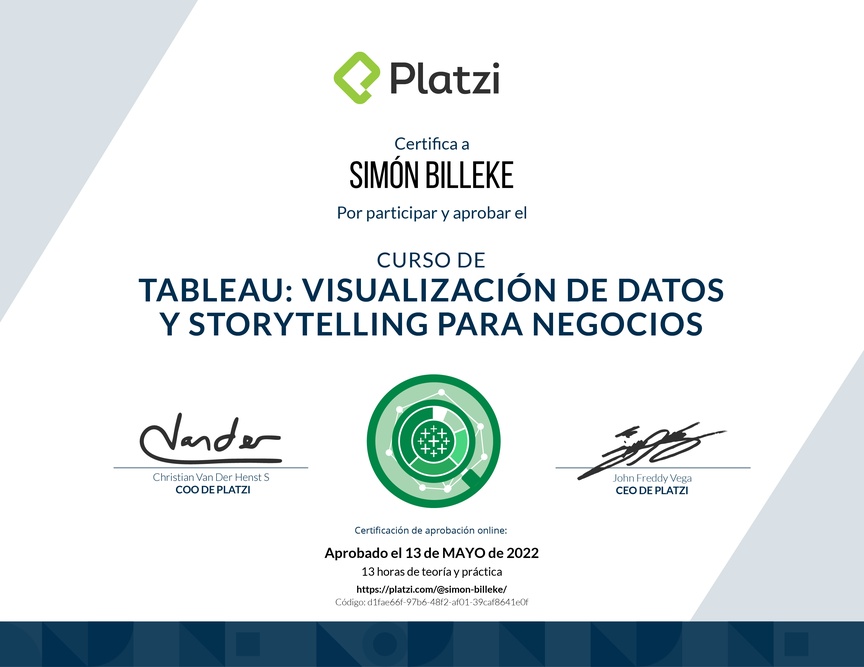 Diploma del Curso de Tableau: Visualización de Datos y Storytelling para Negocios