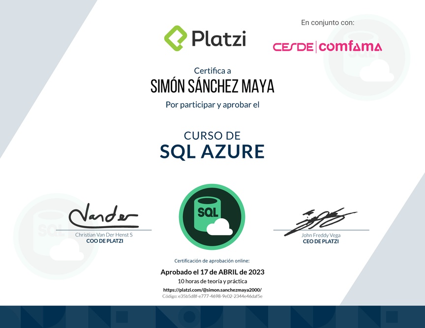 Diploma del Curso de SQL en Azure