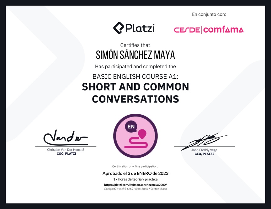 Diploma del Curso de Inglés Básico A1: Conversaciones Cortas y Habituales (2020)