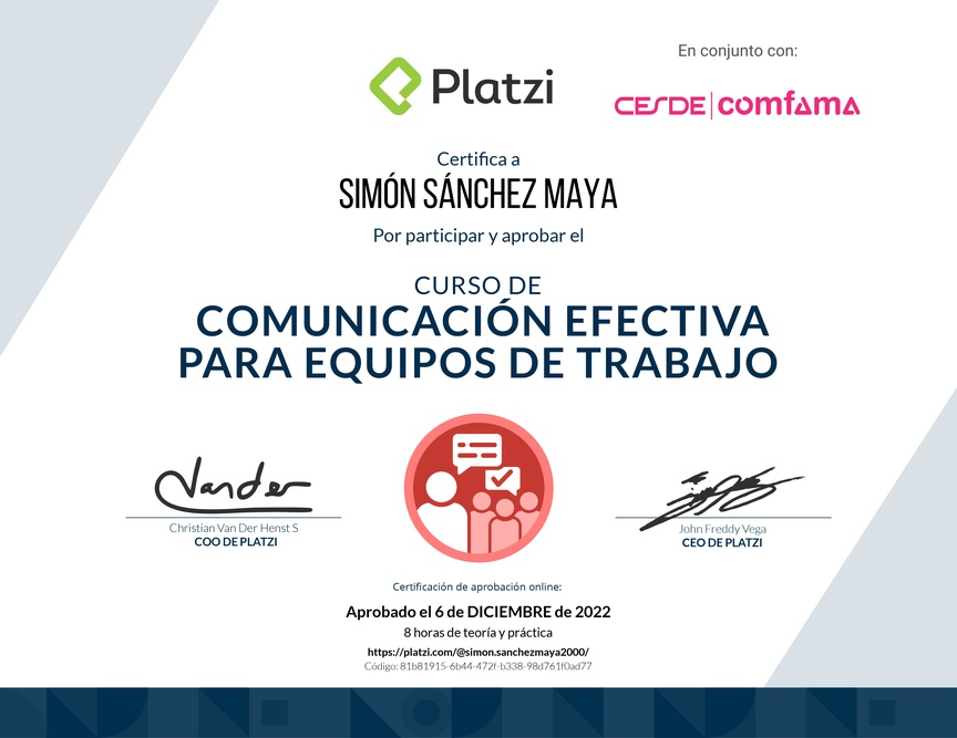 Diploma del Curso de Comunicación Efectiva para Equipos de Trabajo