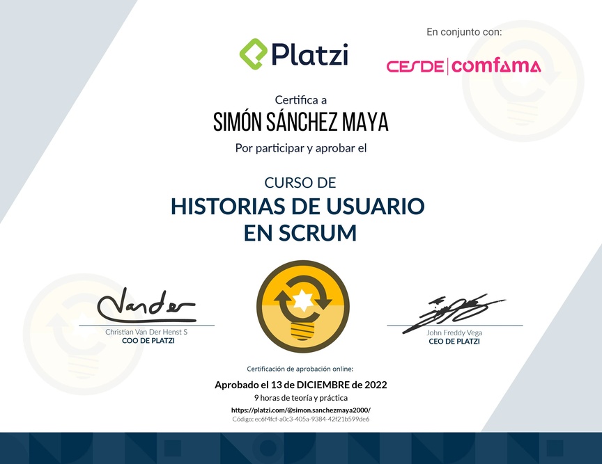 Diploma del Curso de Historias de Usuario en Scrum