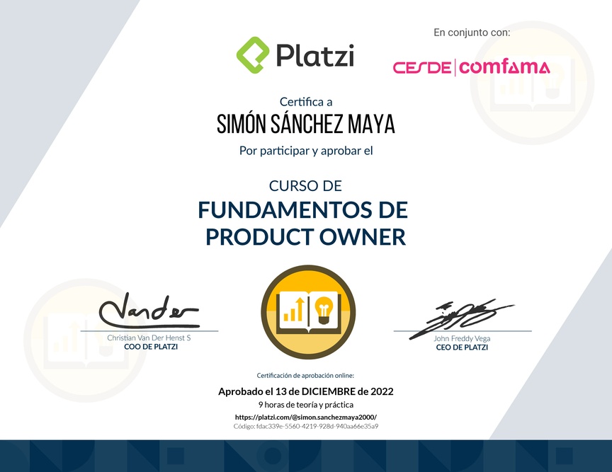 Diploma del Curso de Fundamentos de Product Owner