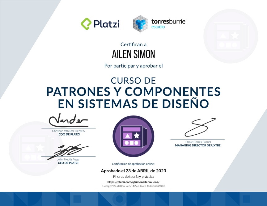 Diploma del Curso de Patrones y Componentes en Sistemas de Diseño