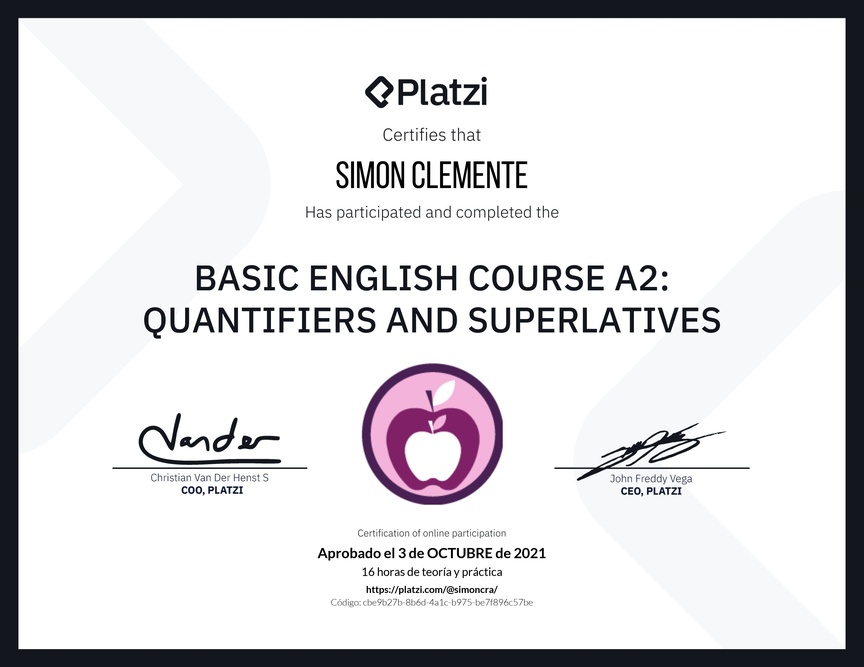 Diploma del Curso de Inglés Básico A2: Cuantificadores y Superlativos