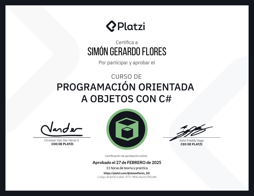 Diploma del Curso de Programación Orientada a Objetos con C#