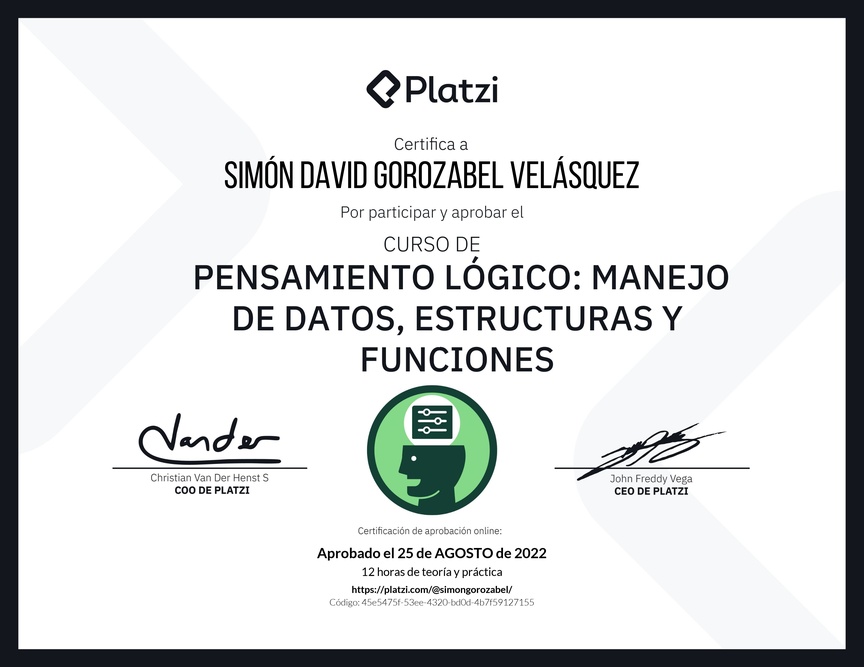 Diploma del Curso de Pensamiento Lógico: Manejo de Datos, Estructuras y Funciones