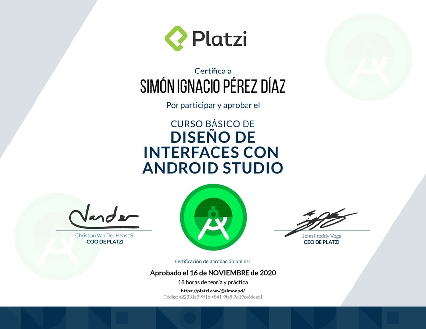 Diploma del Curso Básico de Diseño de Interfaces con Android Studio