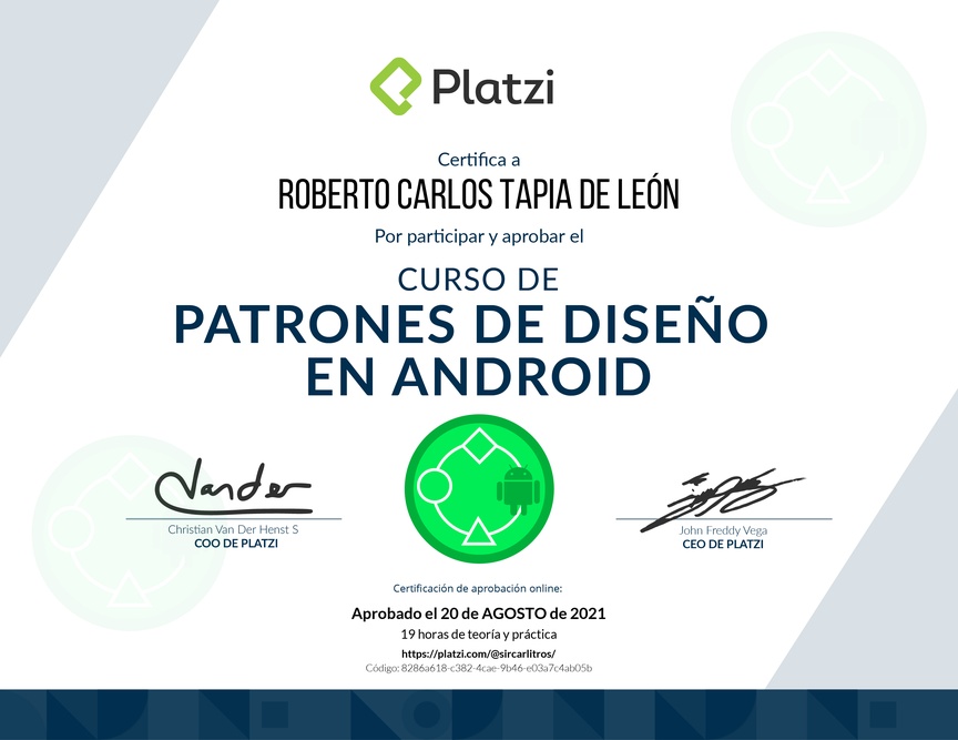 Diploma del Curso de Patrones de Diseño en Android