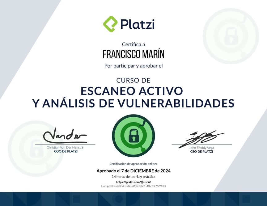 Diploma del Curso de Escaneo Activo y Análisis de Vulnerabilidades