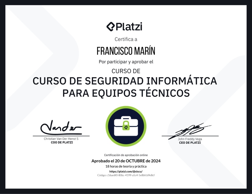 Diploma del Curso de Seguridad Informática para Equipos Técnicos