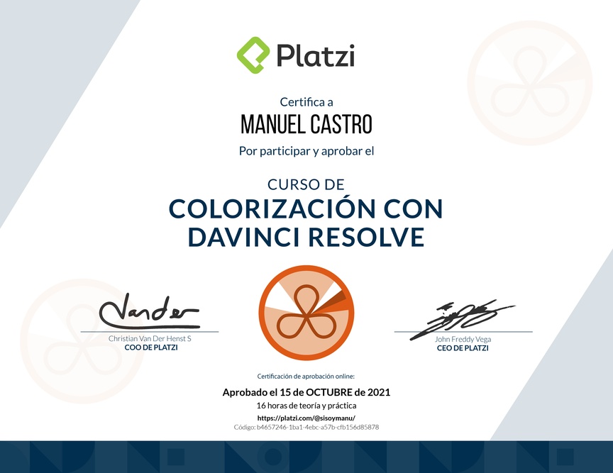 Diploma del Curso de Colorización con DaVinci Resolve
