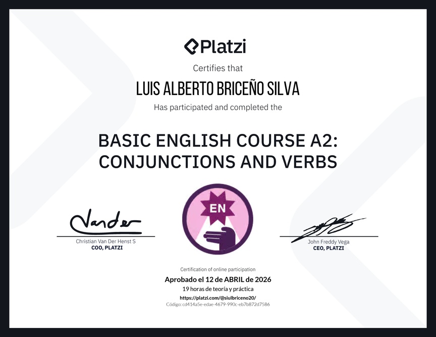 Diploma del Curso de Inglés Básico A2: Conjunciones y Verbos