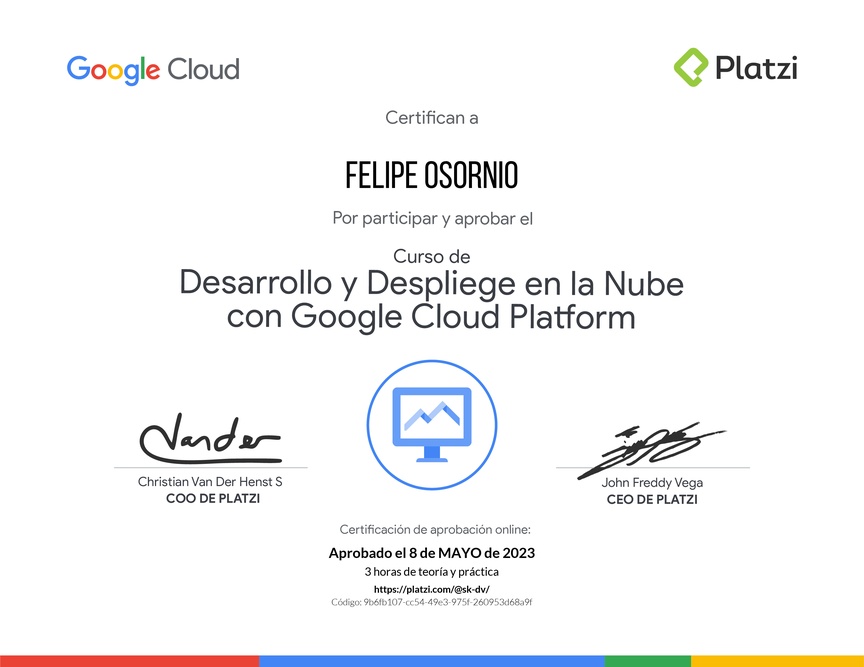 Diploma del Curso de Desarrollo y Despliegue en la Nube con Google Cloud Platform