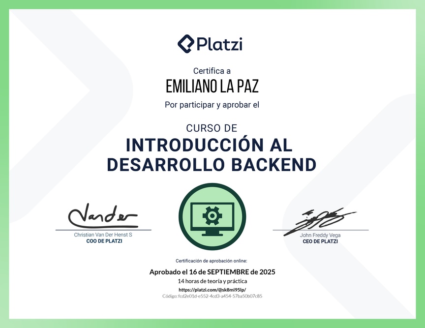 Diploma del Curso de Introducción al Desarrollo Backend