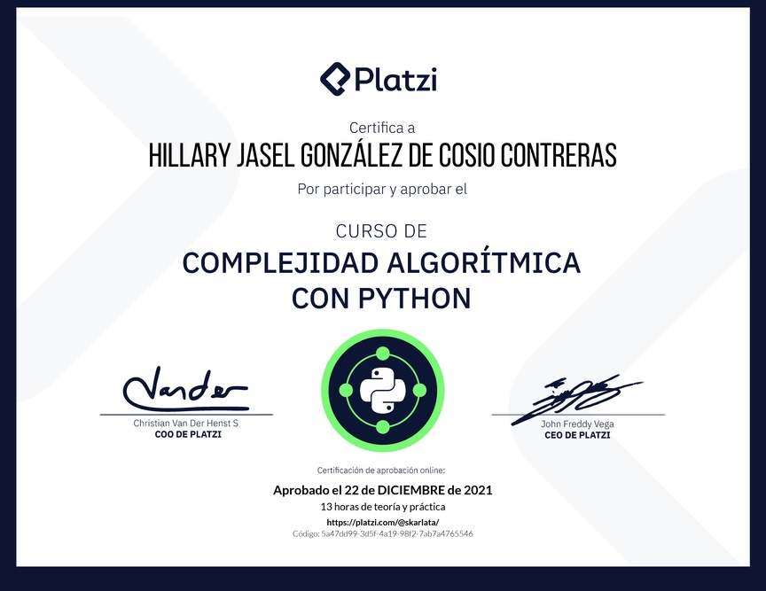 Diploma del Curso de Complejidad Algorítmica con Python