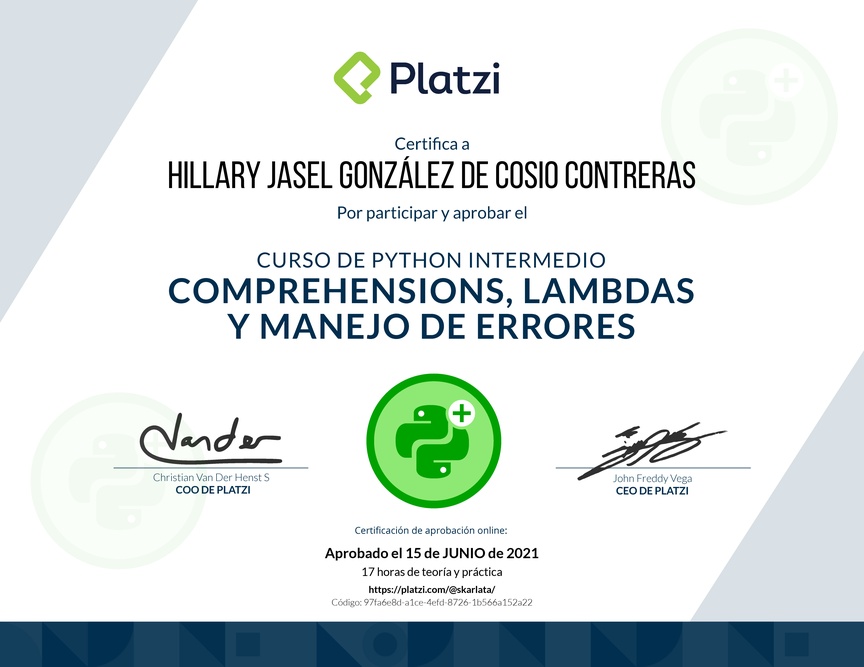 Diploma del Curso de Python Intermedio: Comprehensions, Lambdas y Manejo de Errores
