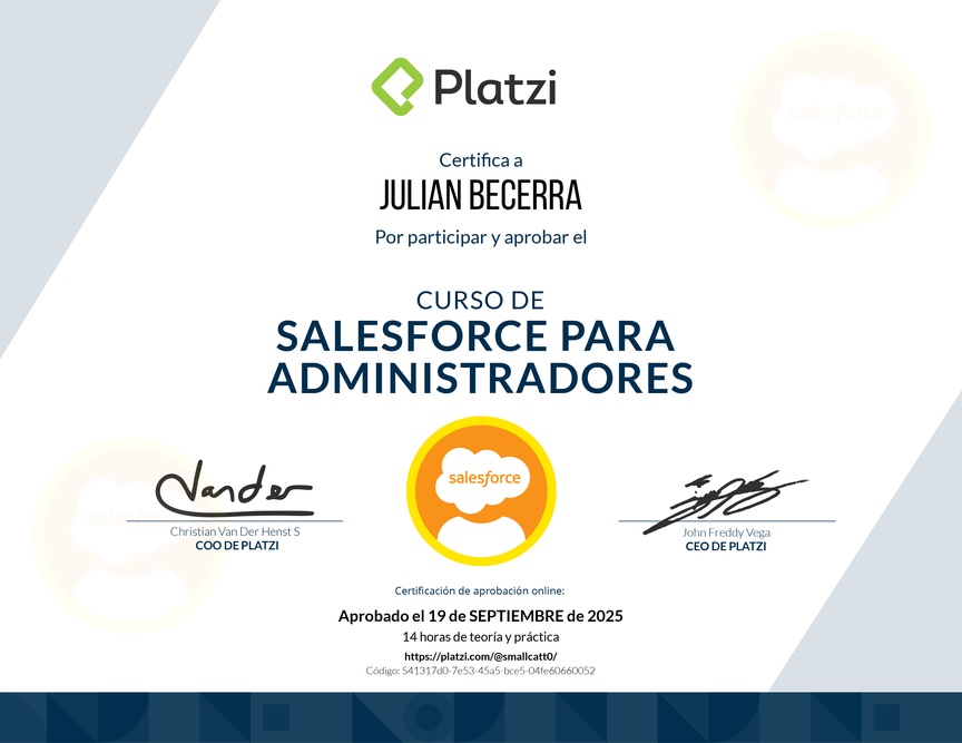 Diploma del Curso de Salesforce para Administradores