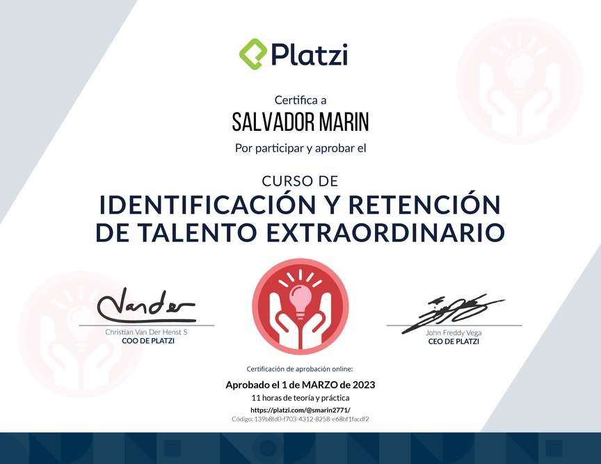 Diploma del Curso de Identificación y Retención de Talento en tu Empresa