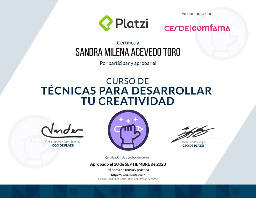 Diploma del Curso para Desarrollar tu Creatividad: Técnicas y Hábitos