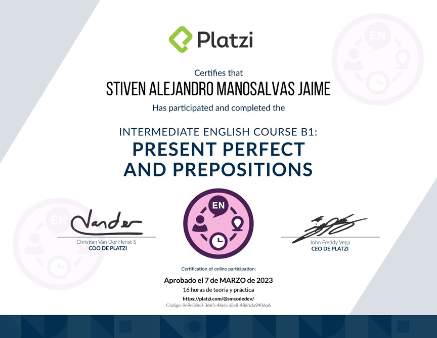 Diploma del Curso de Inglés Intermedio B1: Presente Perfecto y Preposiciones