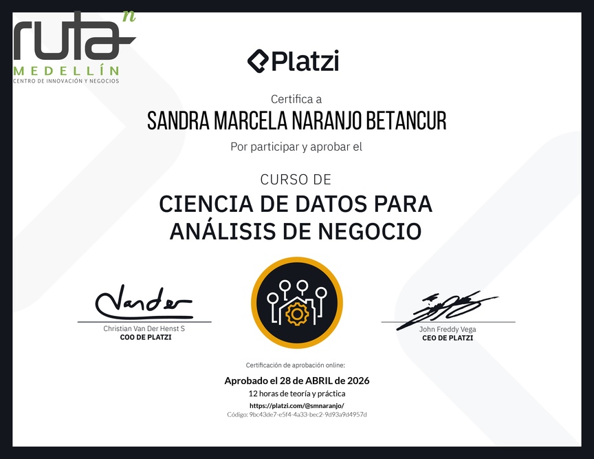 Diploma del Curso de Ciencia de Datos para Análisis de Negocio