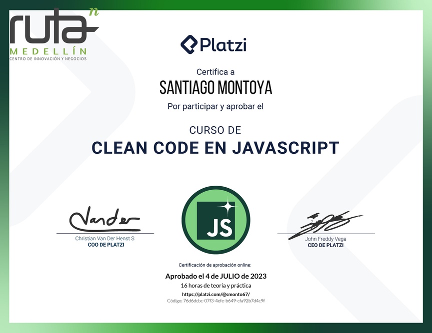 Diploma del Curso de Clean Code y Buenas Prácticas con JavaScript