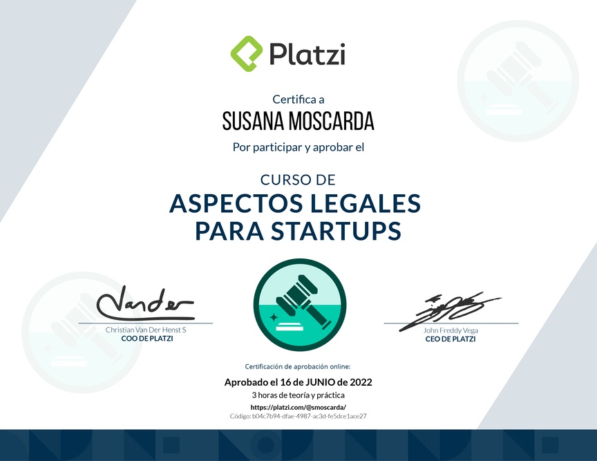 Diploma del Curso de Aspectos Legales para Startups