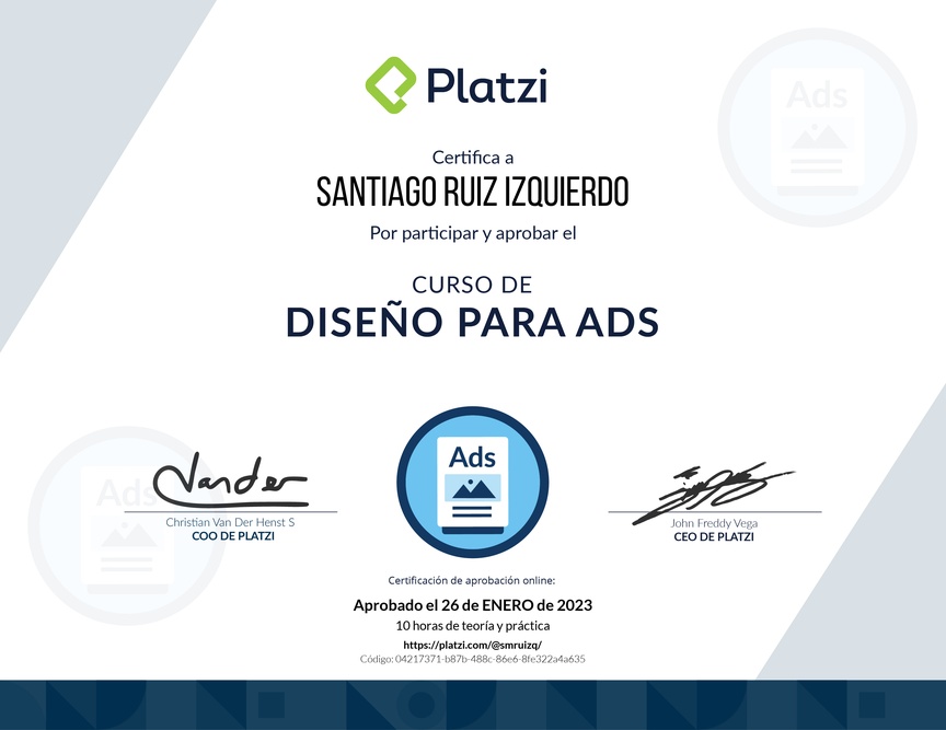 Diploma del Curso de Diseño Gráfico para Ads