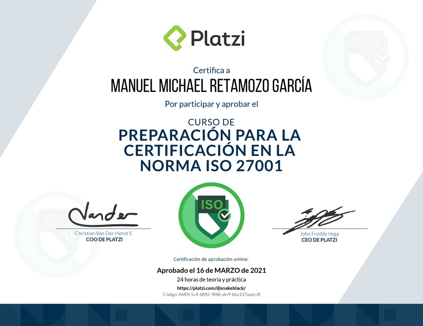 Diploma del Curso de Preparación para la Certificación en la Norma ISO 27001 (2020)