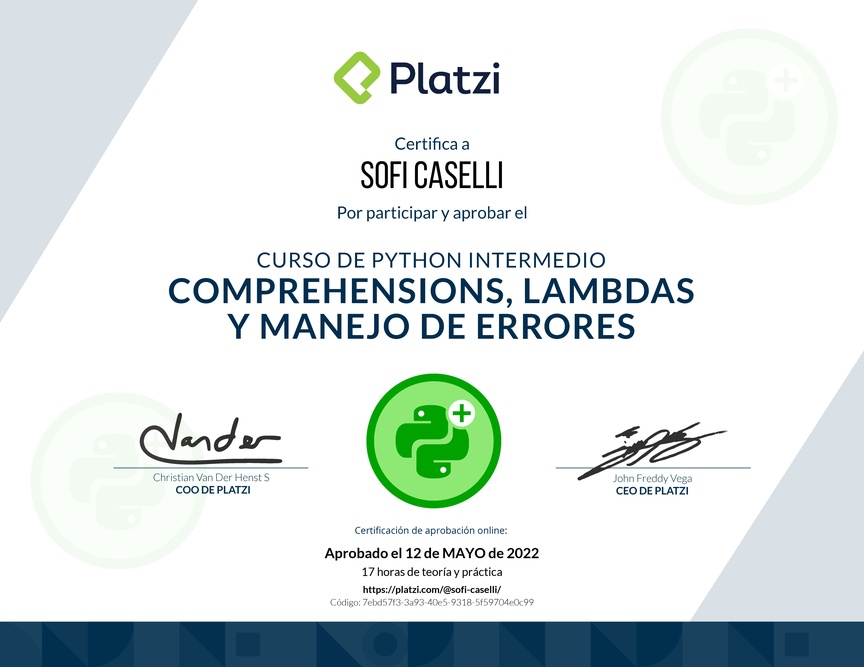 Diploma del Curso de Python Intermedio: Comprehensions, Lambdas y Manejo de Errores