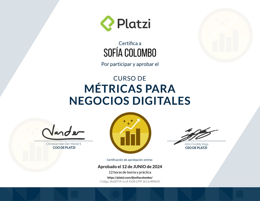 Diploma del Curso de Métricas para Medir el Crecimiento de tu Negocio Digital